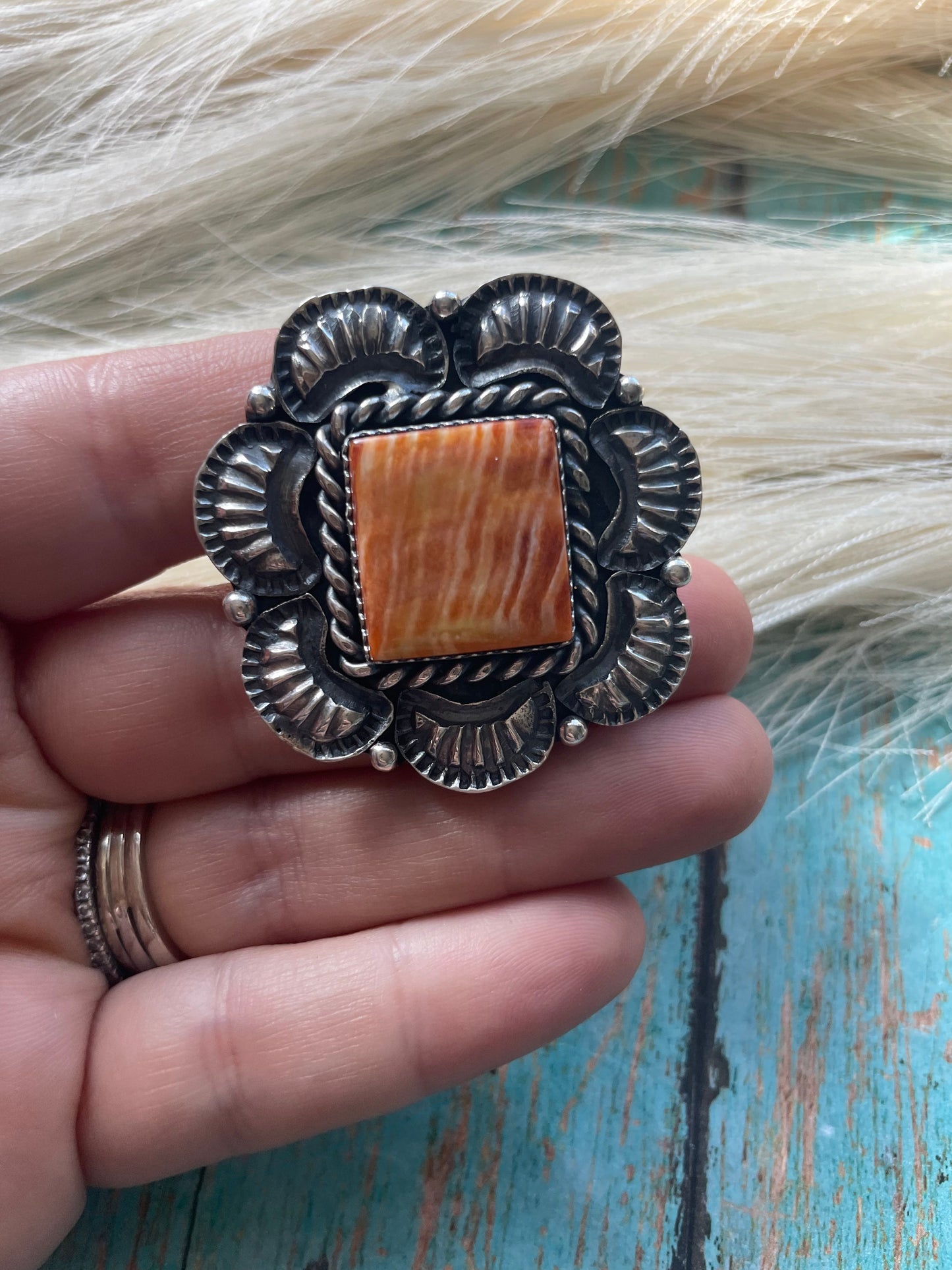 Kevin Billah Handcrafted Sterling & Orange Spiny Flower Ring Adjustable