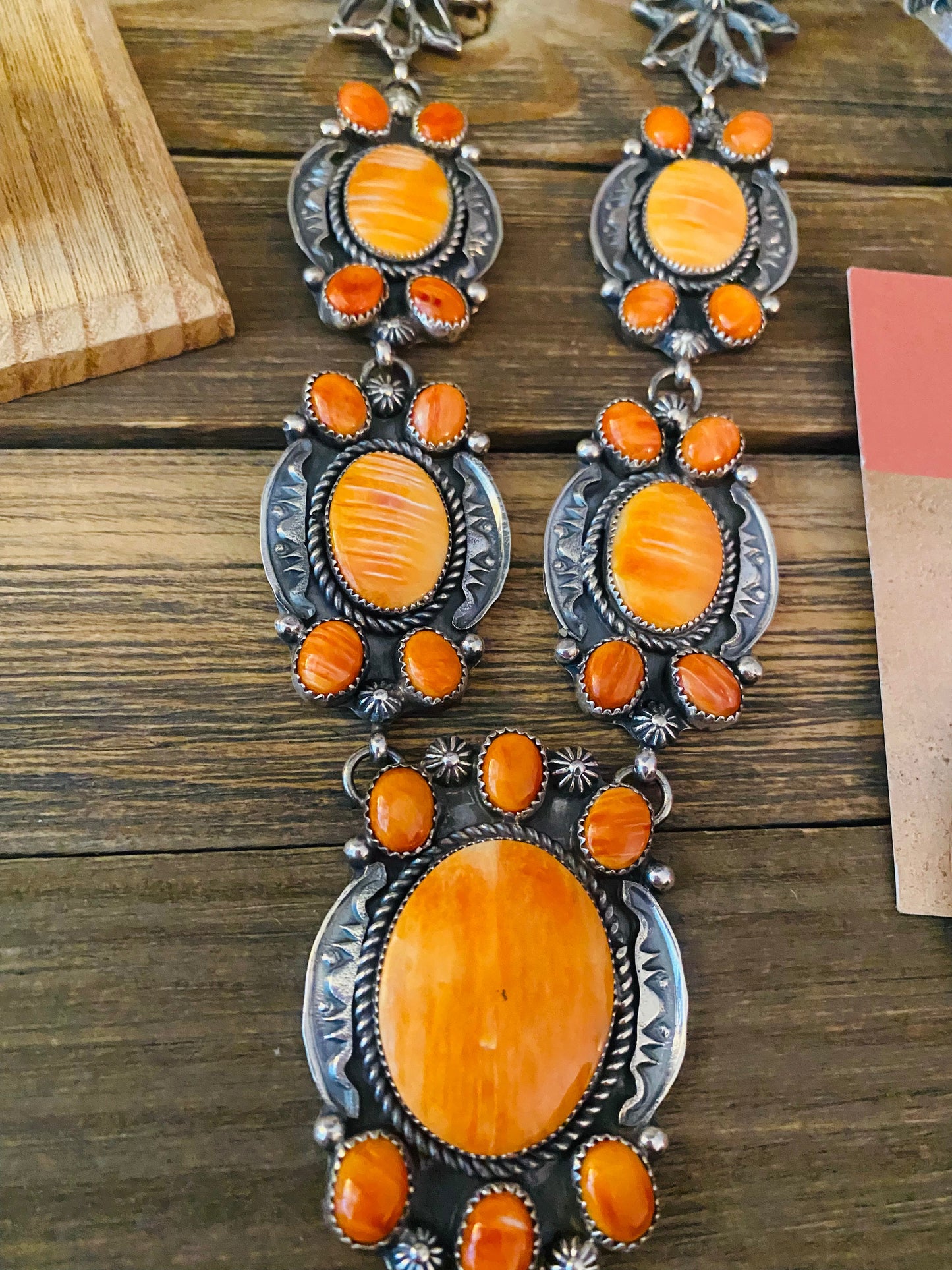 Handcrafted Orange Spiny And Sterling Silver 4 Piece Set by Kevin Billah