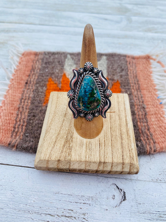 Handcrafted Kingman Web Turquoise & Sterling Silver Ring Size 6