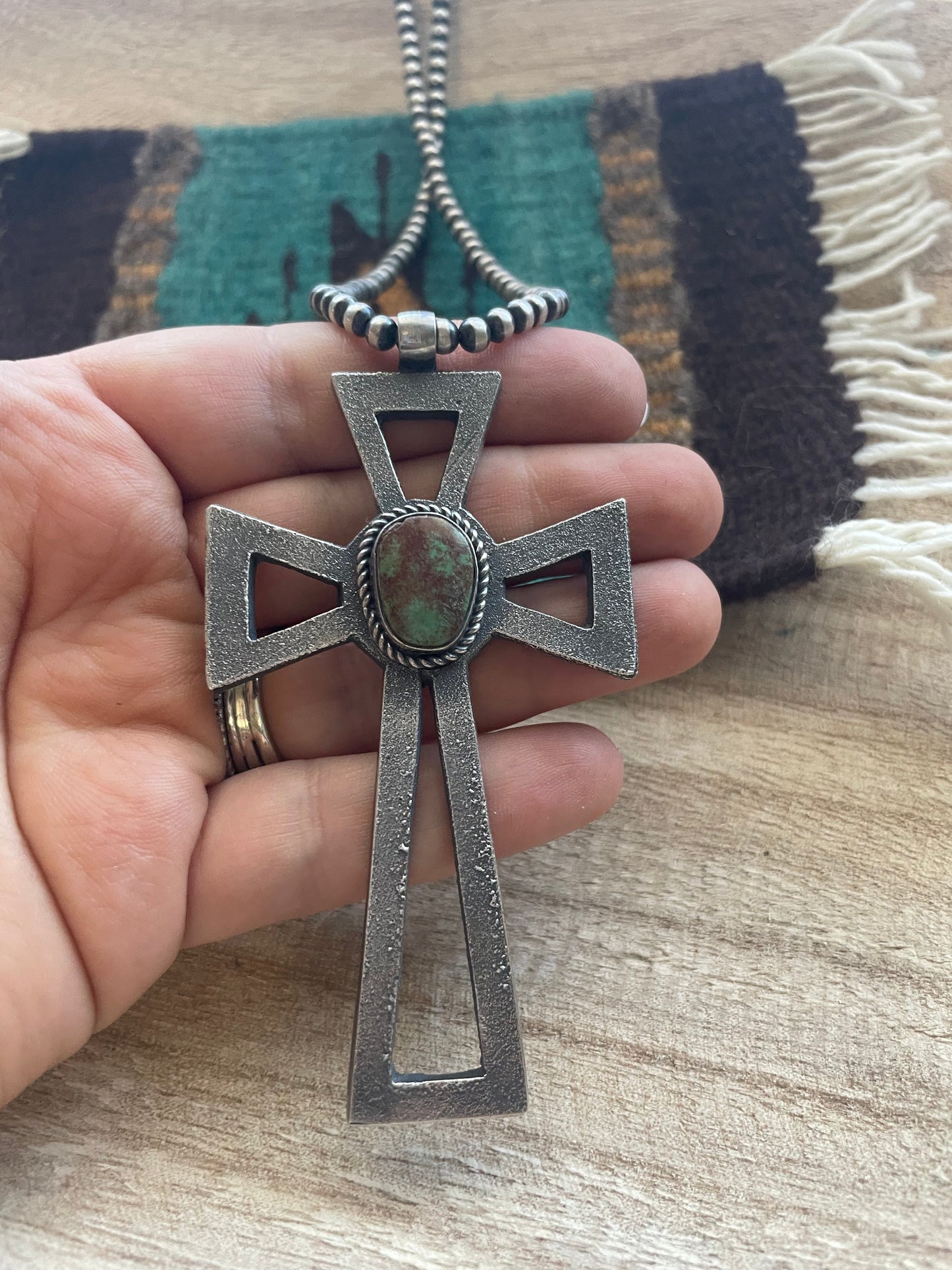 Handcrafted Sterling Silver & Turquoise Cross Pendant Signed Eugene Mitchell