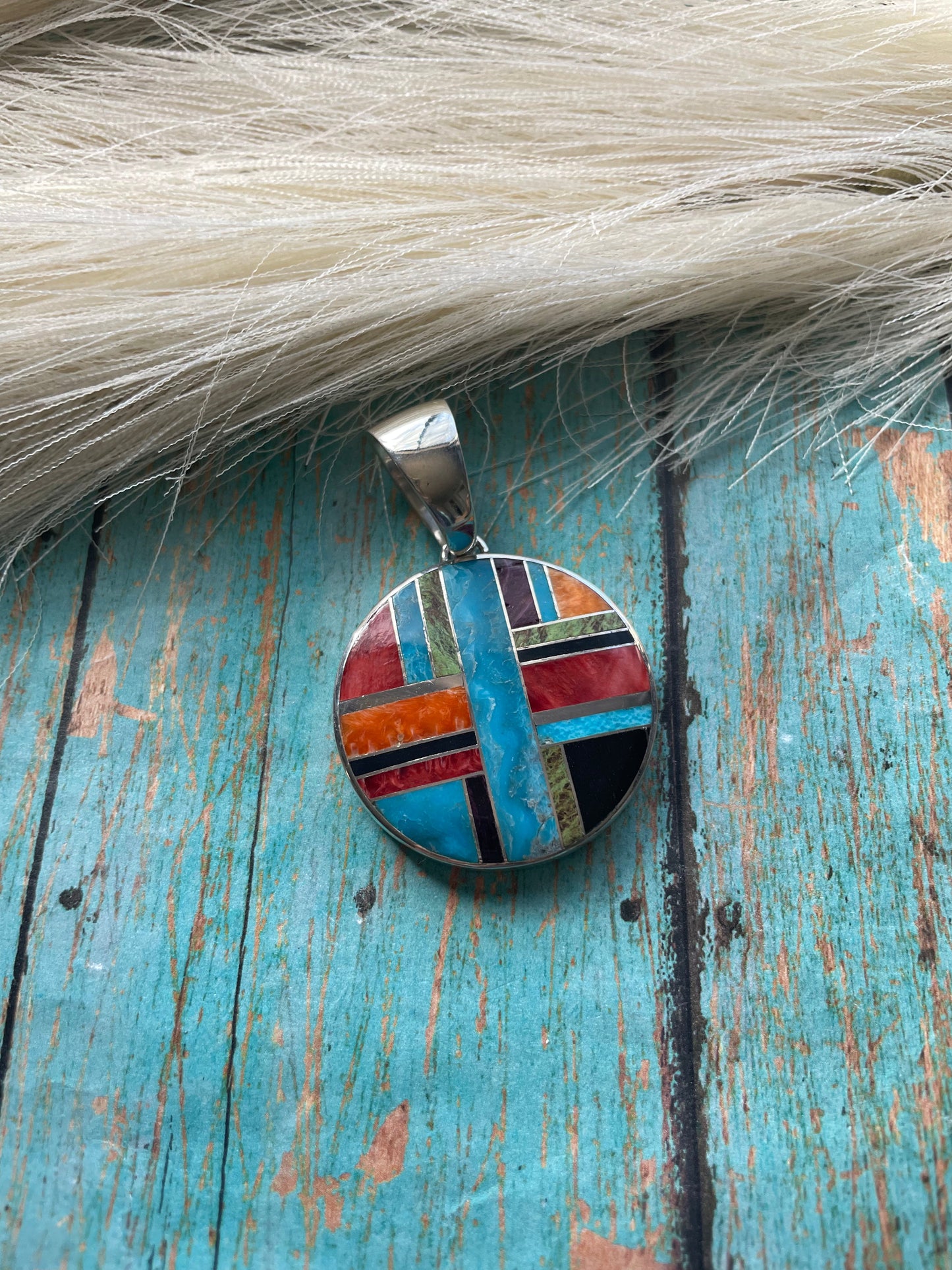 Handcrafted Multi Stone Inlay & Sterling Silver Circle Pendant