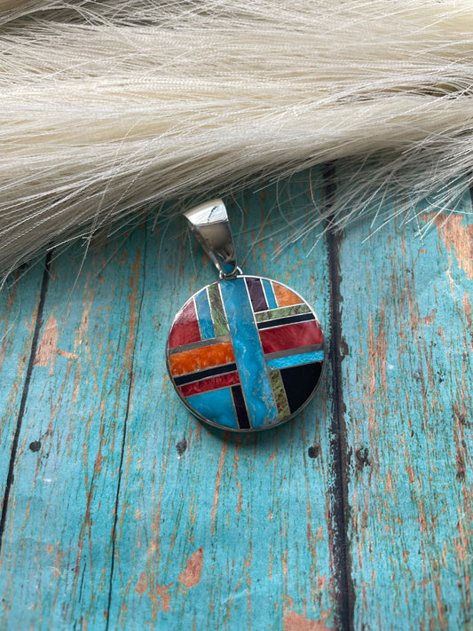Handcrafted Multi Stone Inlay & Sterling Silver Circle Pendant