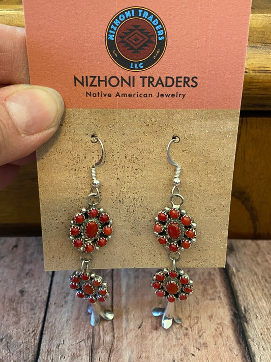 Handcrafted Petit Point Red Coral Sterling Silver Blossom Dangle Earrings