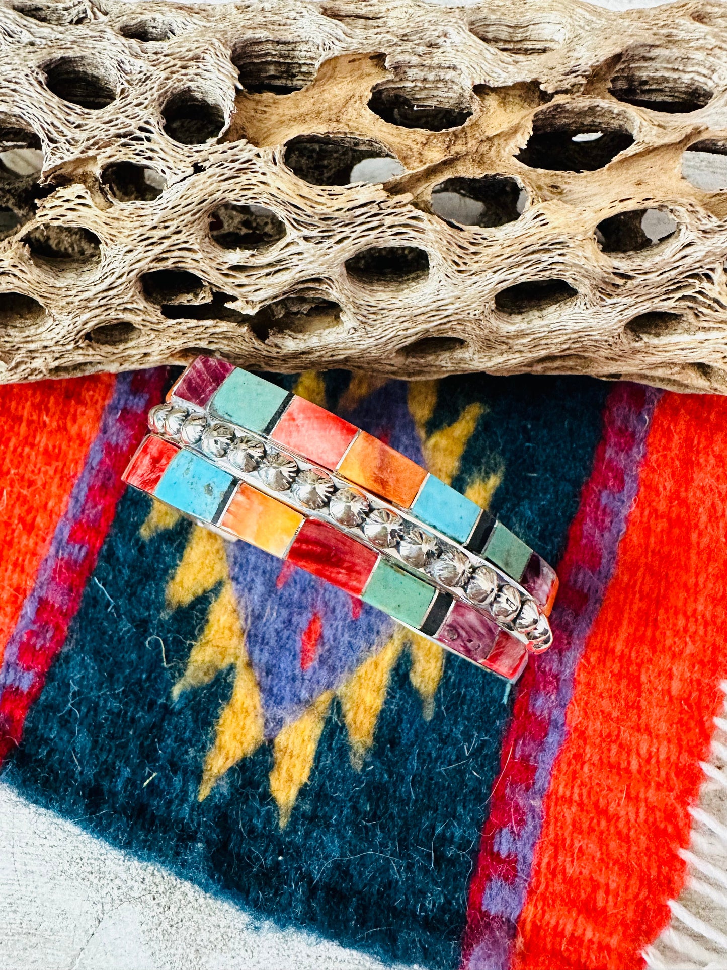 Handcrafted Multi Stone & Sterling Silver Inlay Cuff Bracelet