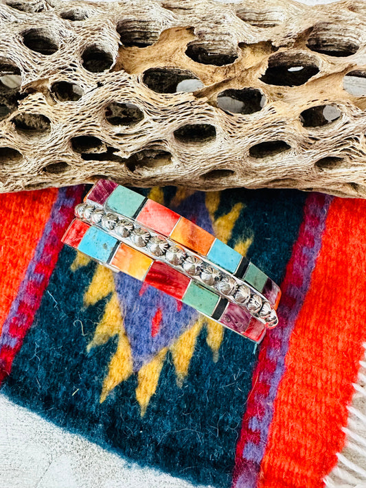 Handcrafted Multi Stone & Sterling Silver Inlay Cuff Bracelet