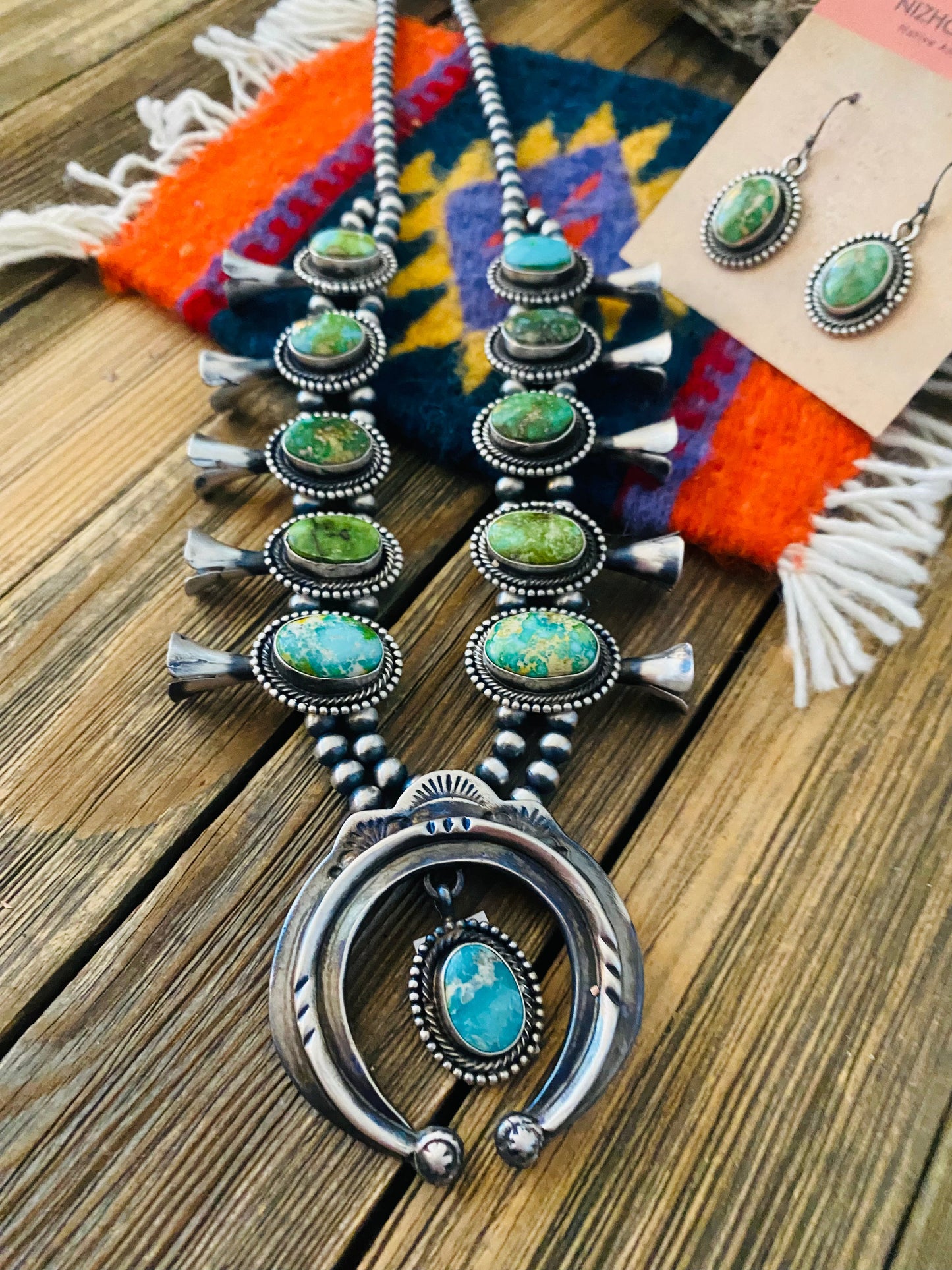 Handcrafted Sonoran Gold Turquoise & Sterling Silver Squash Blossom Necklace Set