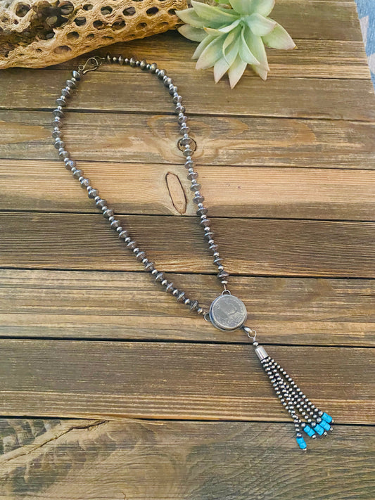 Handcrafted Turquoise & Sterling Silver Pearl Beaded Coin Tassel Necklace