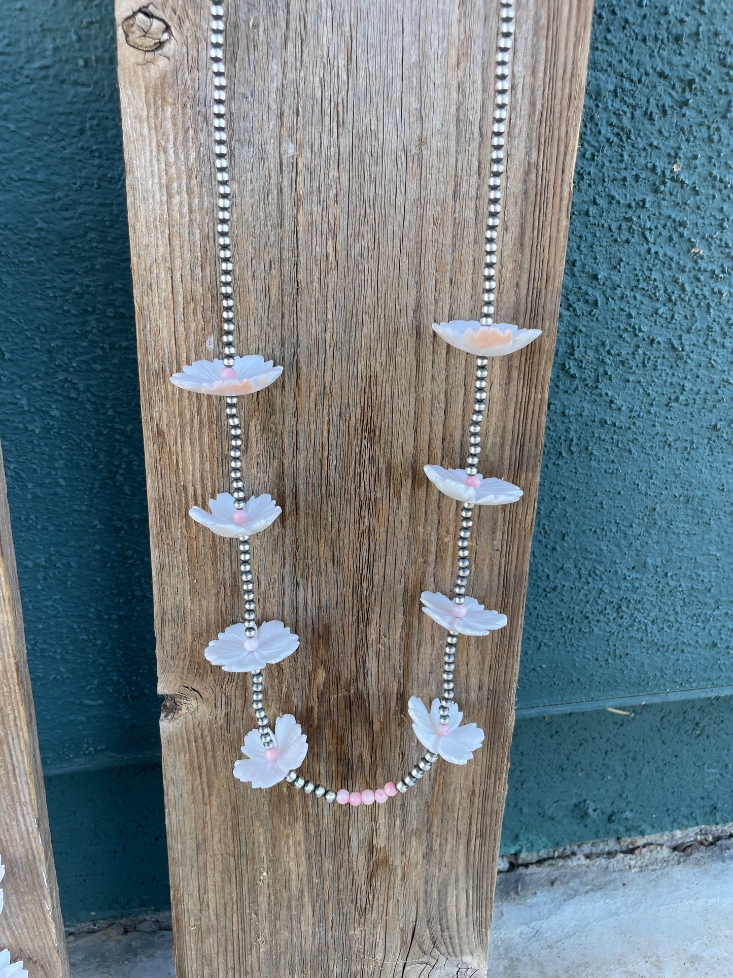 Handcrafted Pink Conch & Sterling Silver Flower Beaded Necklace 48”