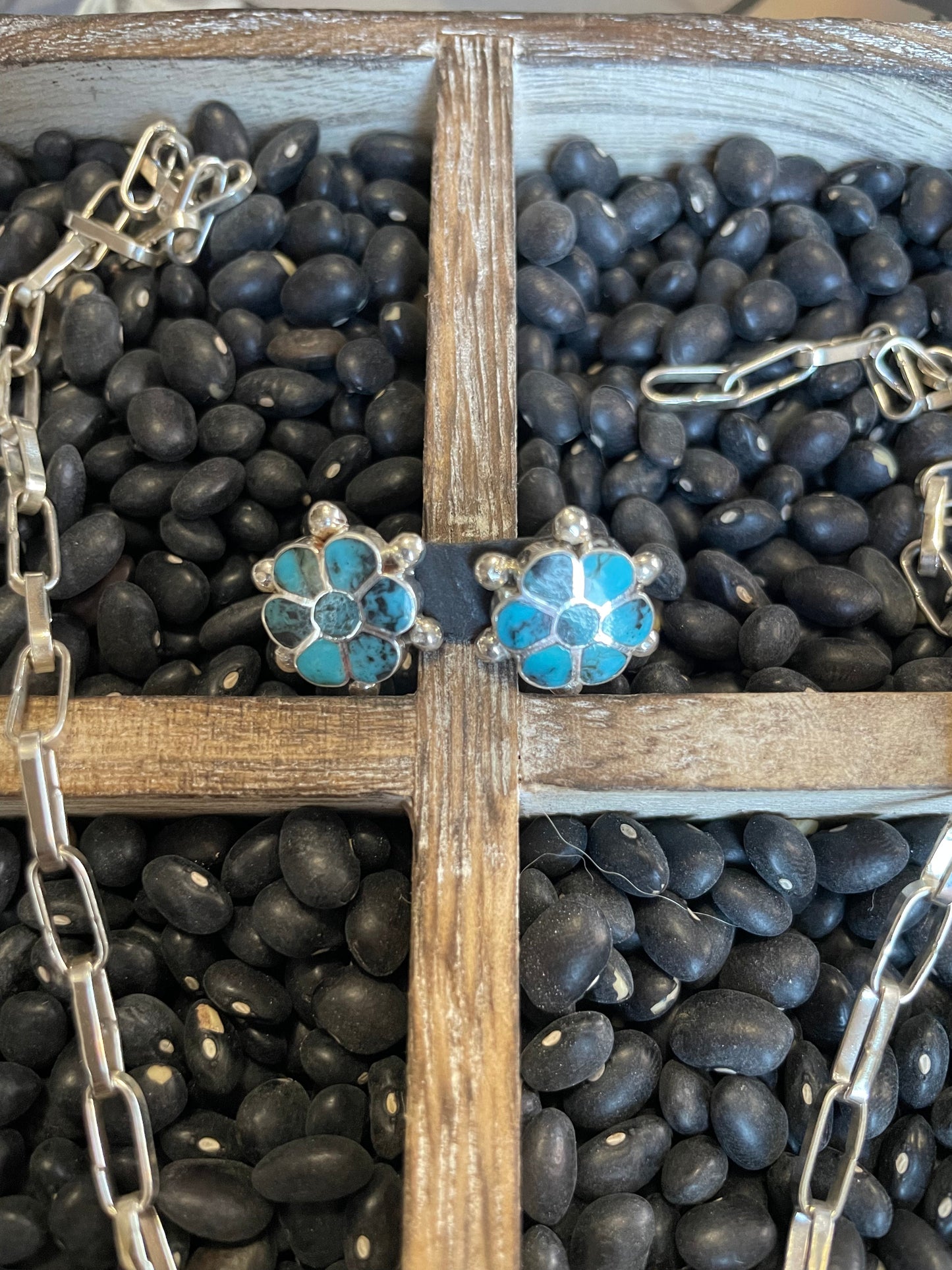 Handcrafted Sterling Silver & Turquoise Flower Necklace Earrings Set Signed
