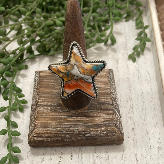 Handcrafted Orange Dream And Sterling Silver Star Adjustable Ring