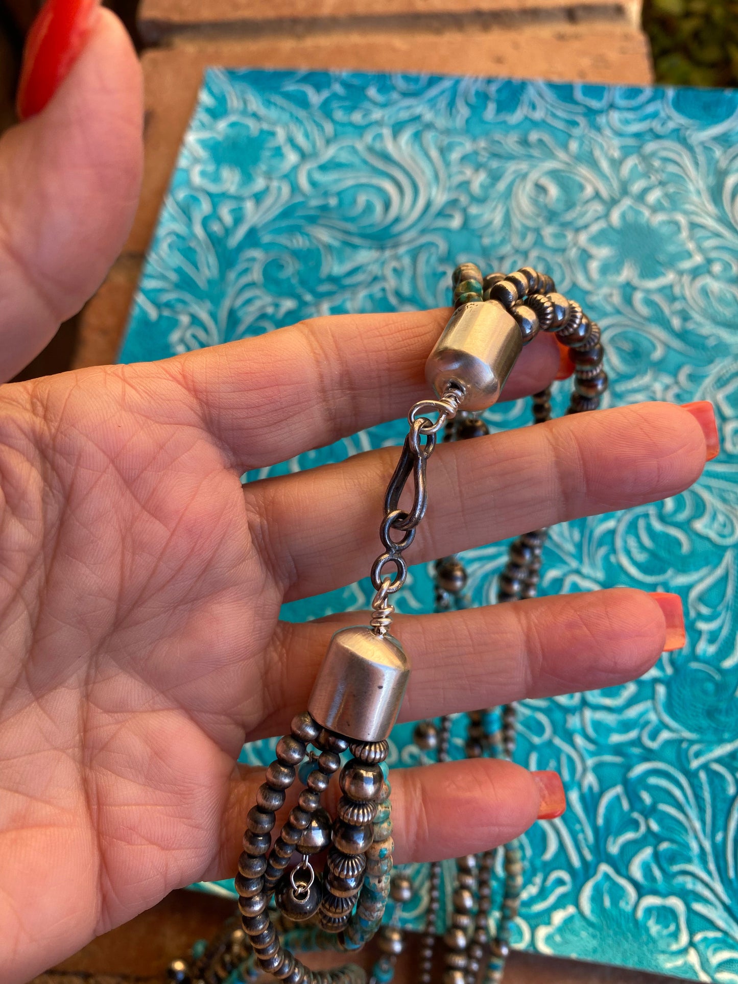 Handcrafted Turquoise & Sterling Silver 5 strand Beaded Necklace