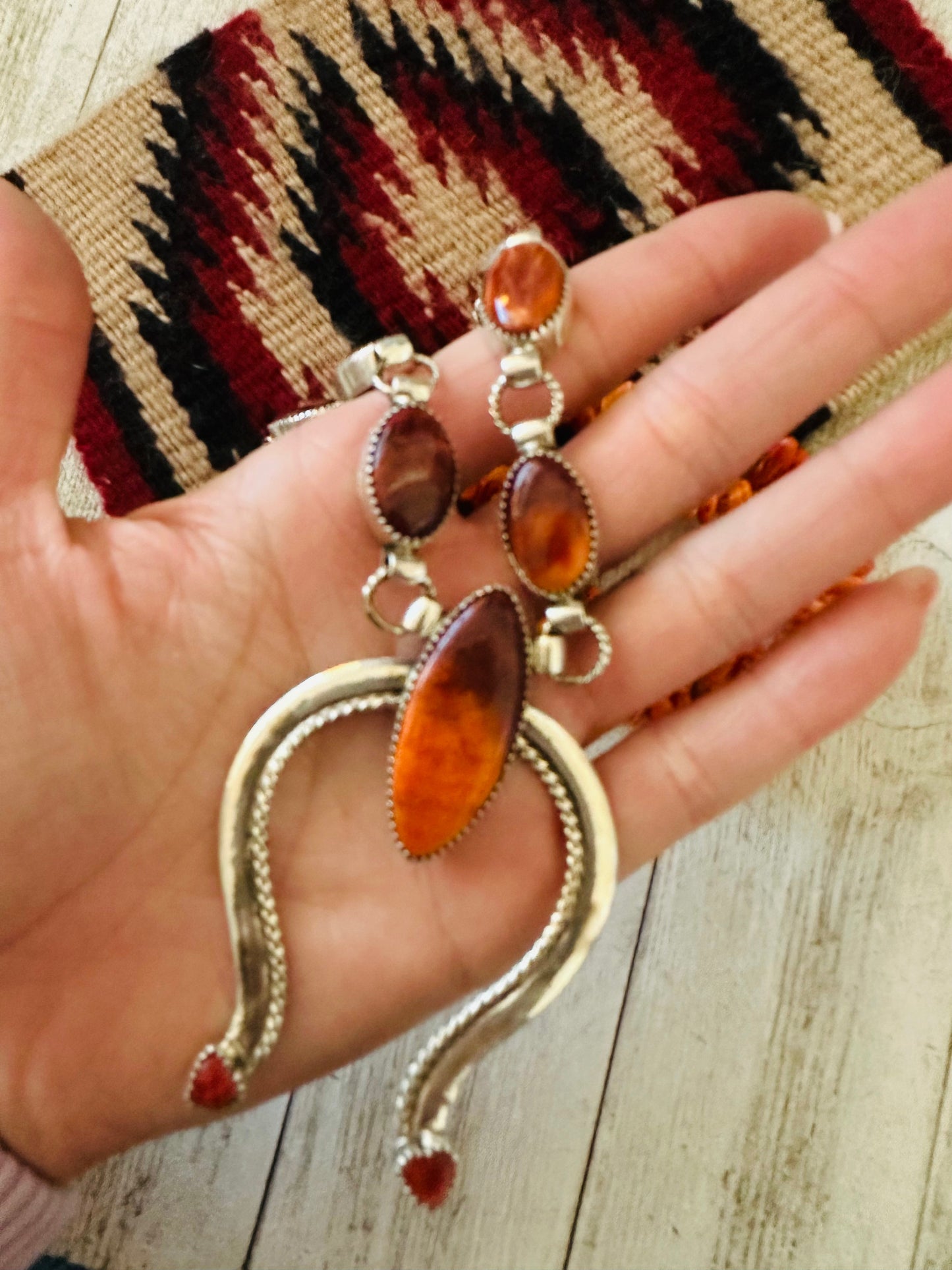 Handcrafted Sterling Silver & Orange Spiny Beaded Naja Necklace