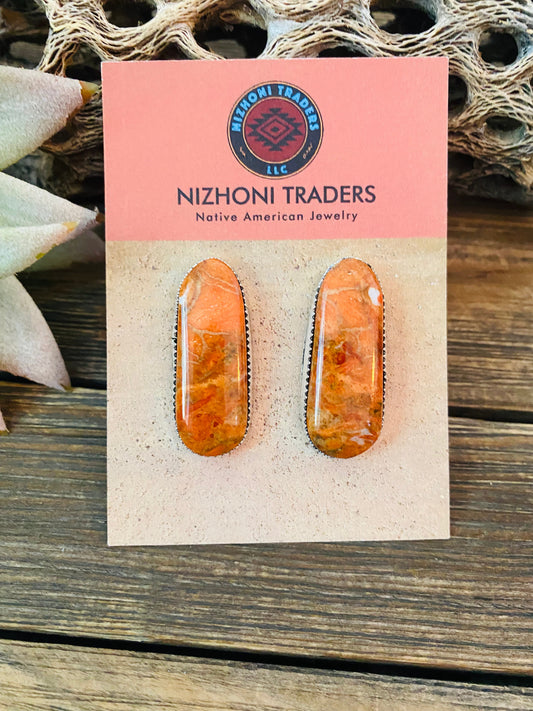 Handcrafted Sterling Silver & Orange Spiny Post Earrings 1.1/8”