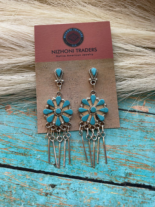 Handcrafted Sterling Silver & Turquoise 3 Inch Dangle Earrings
