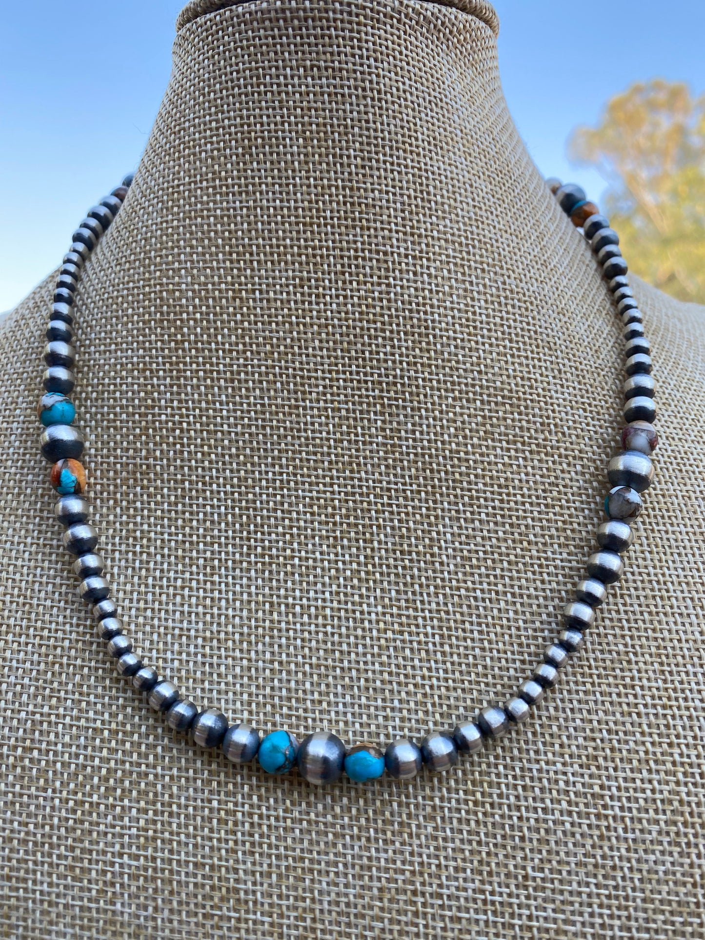 Navajo Turquoise & Spiny Spice Sterling Silver Beaded Necklace 18 inch