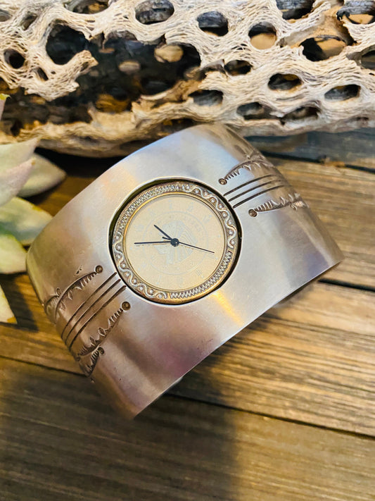 Old Pawn Vintage Handcrafted Hand Stamped Sterling Silver Watch Cuff