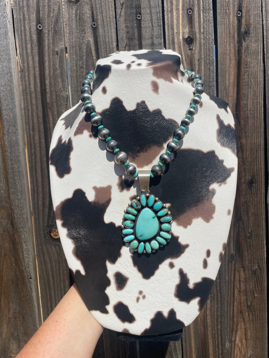 Beautiful Handcrafted Sterling Silver Beaded Turquoise Necklace With Pendant Signed Ella Peter