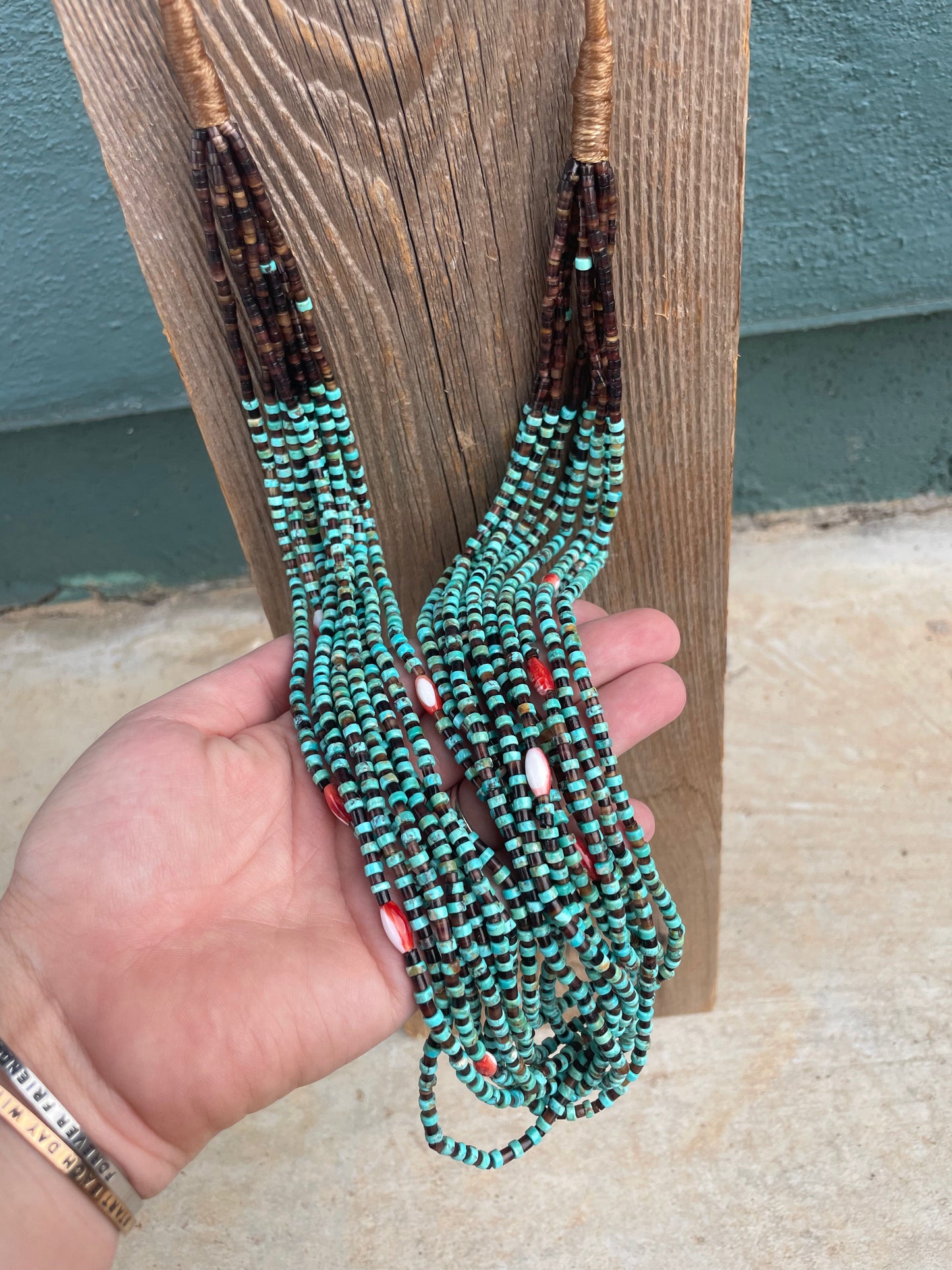 Handcrafted Turquoise, Spiny And Heishi Ten Strand Beaded Necklace
