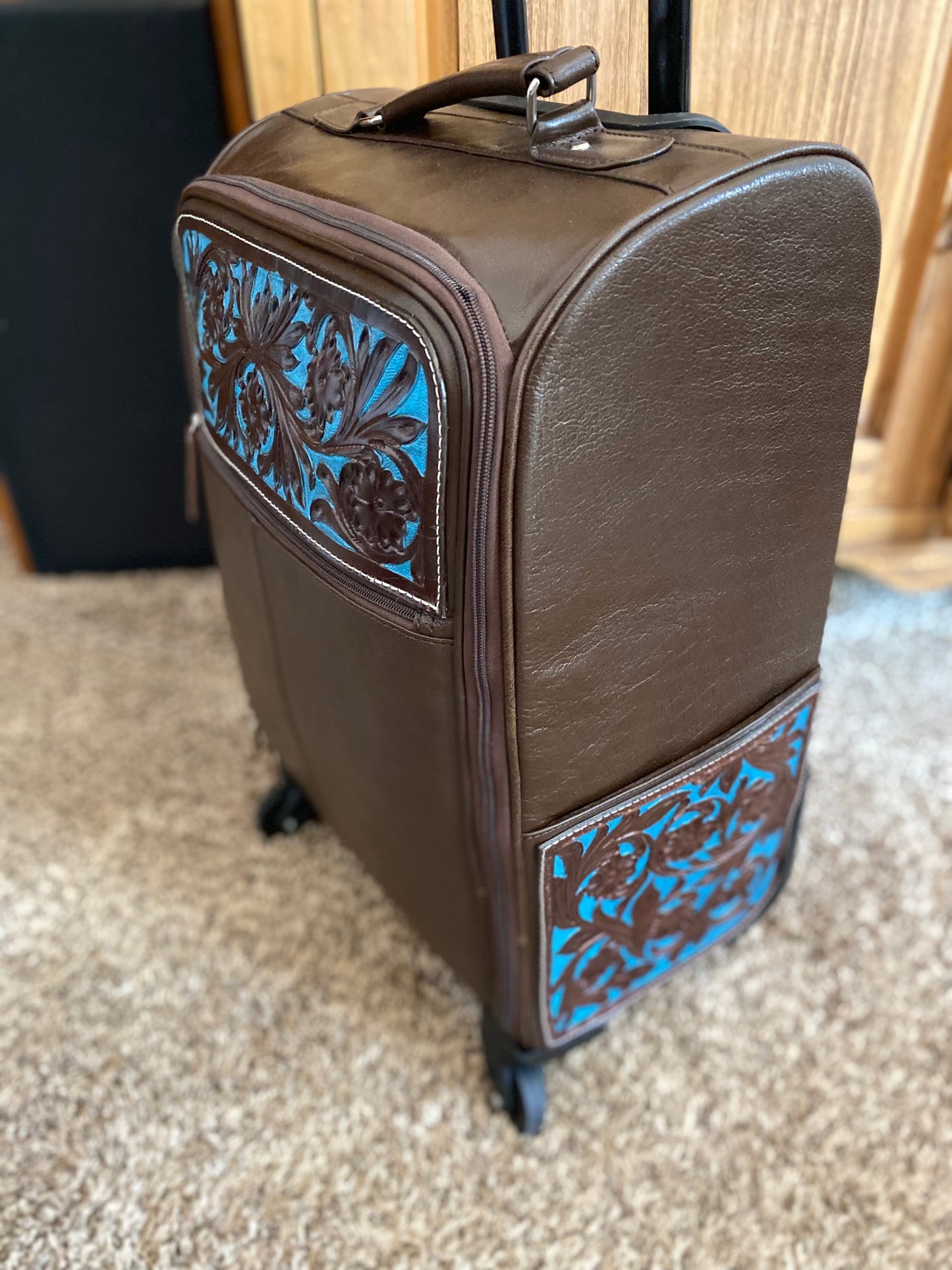 Chocolate Leather and Turquoise Carry On Roller Bag