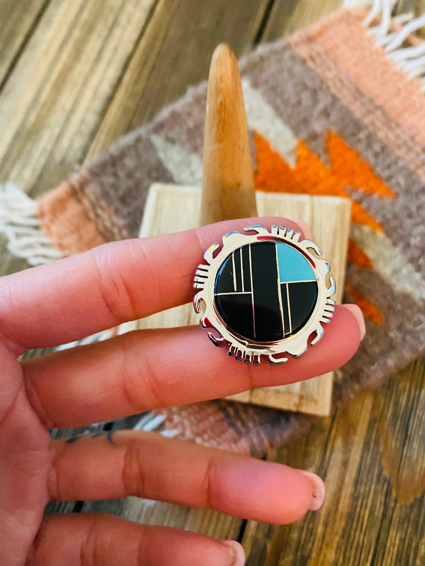 Handcrafted Sterling Silver, Onyx & Turquoise Inlay Ring Size 6.25