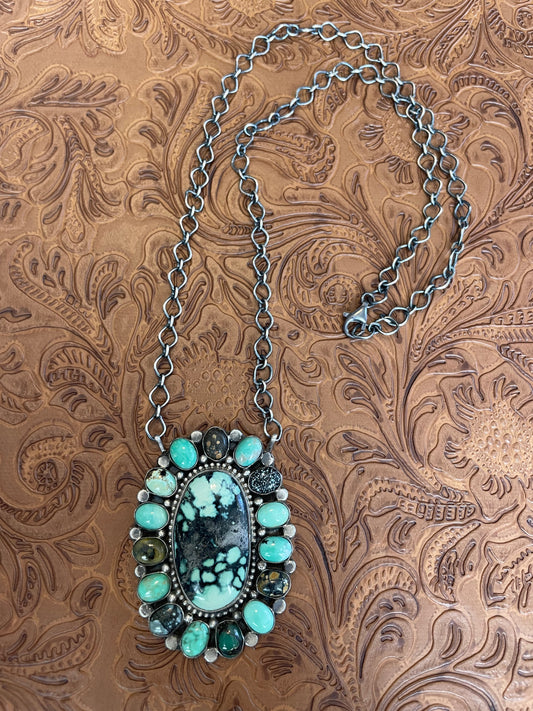 Handcrafted Royston & Carico Turquoise Sterling Silver Cluster Necklace by Sheila Becenti