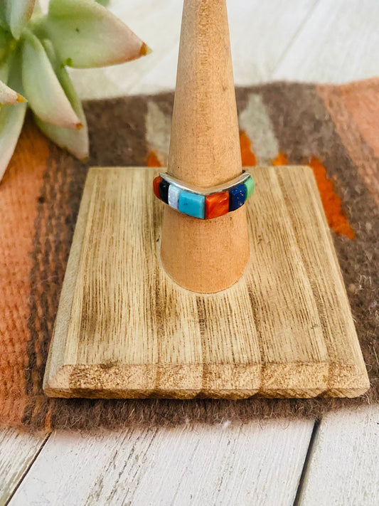 Handcrafted Sterling Silver & Multi Stone Inlay Band Ring Size 7.5