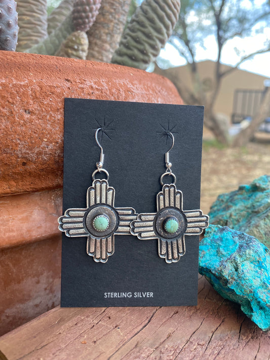 Navajo Turquoise & Sterling Silver Zia Dangle Earrings By Kevin Billah