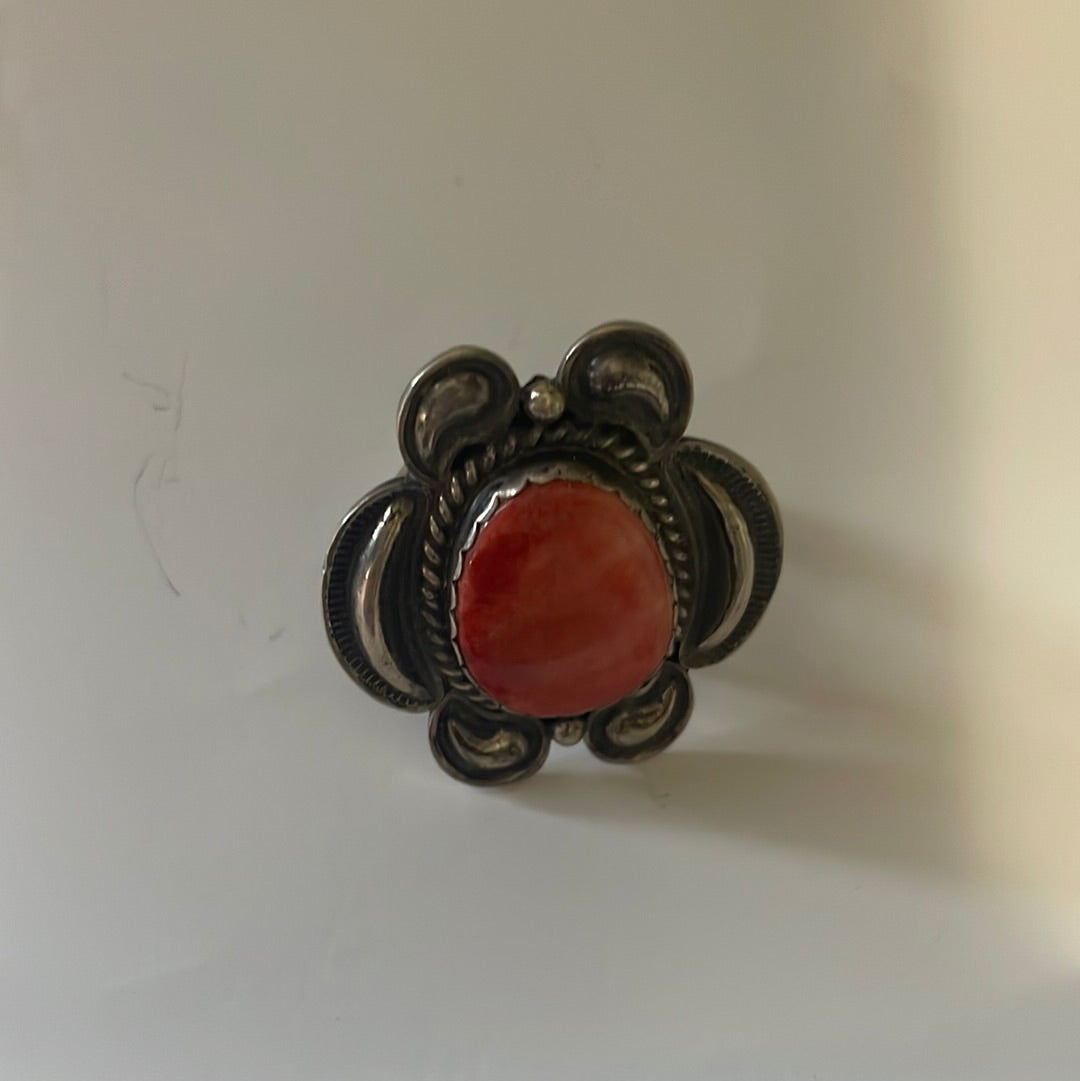 Navajo Red Spiny & Sterling Silver Ring Size 7 Signed Kirk Smith
