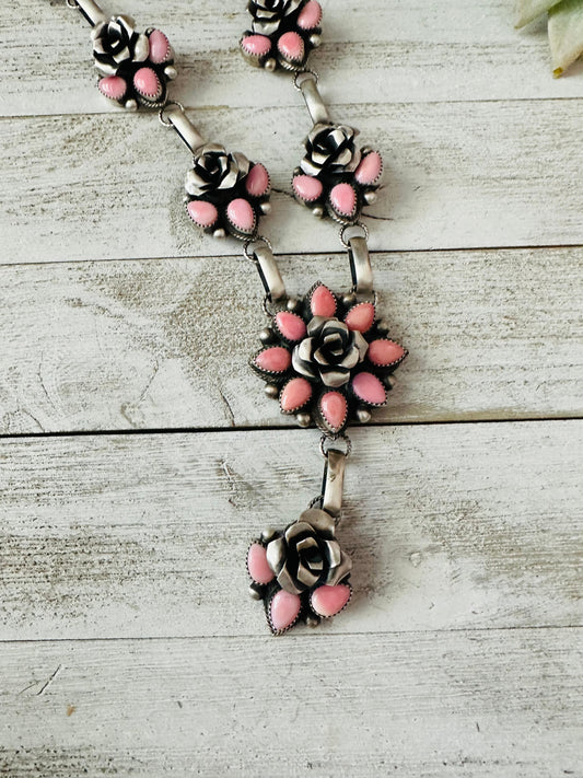 Handcrafted Sterling Silver & Queen Pink Conch Shell Flower Necklace