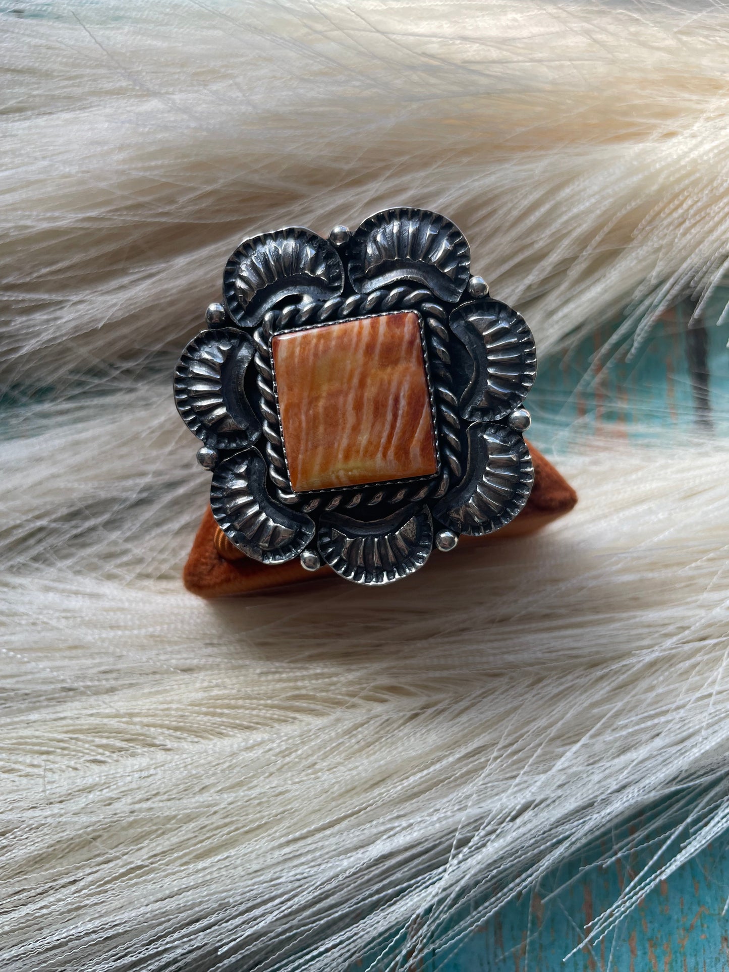 Kevin Billah Handcrafted Sterling & Orange Spiny Flower Ring Adjustable