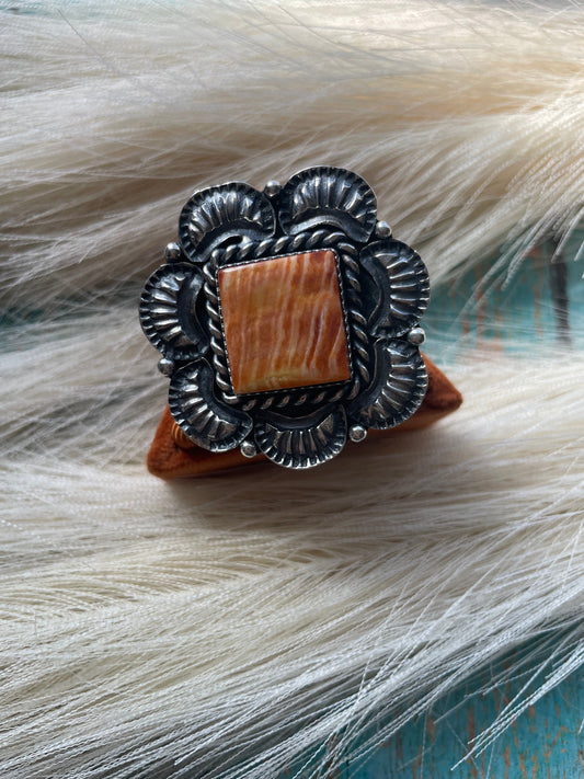 Kevin Billah Handcrafted Sterling & Orange Spiny Flower Ring Adjustable