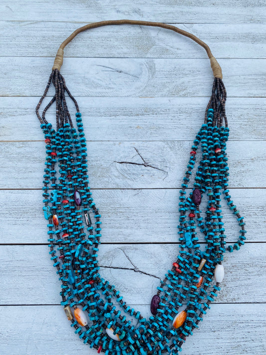 Handcrafted Turquoise, Spiny, Abalone & Heishi Eight Strand Beaded Necklace