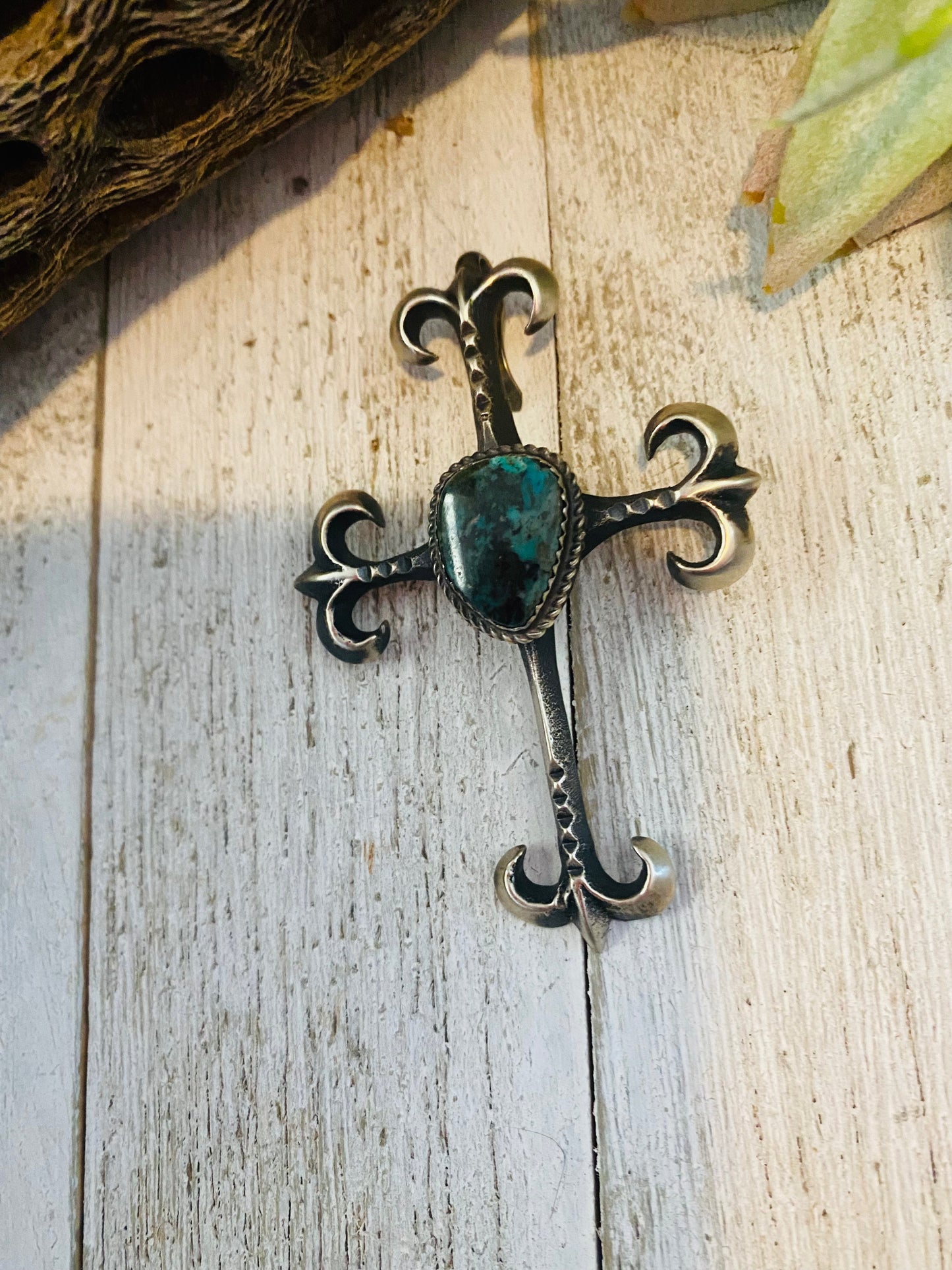 Handcrafted Sterling Silver & Royston Turquoise Cross Pendant By Martha Cayatineto