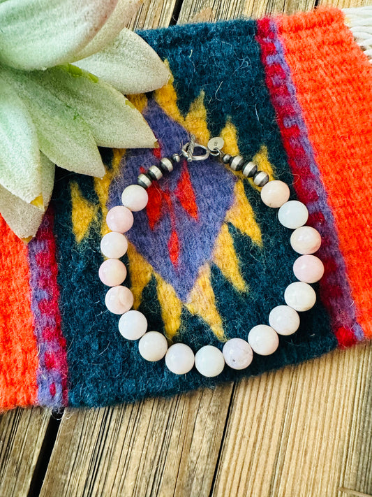 Handcrafted Queen Pink Conch Shell & Sterling Silver Beaded Bracelet