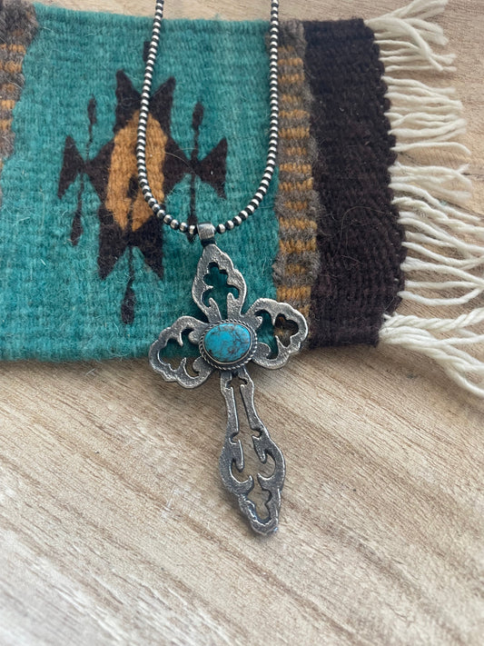 Handcrafted Sterling Silver & Turquoise Cross Pendant Signed Eugene Mitchell