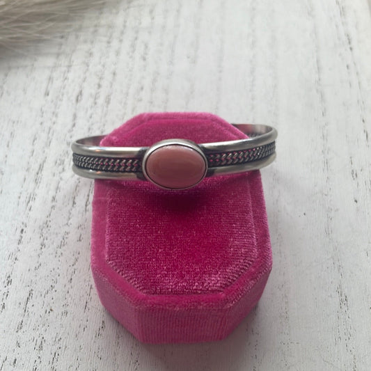 Handcrafted Pink Conch & Sterling Silver Adjustable Cuff Bracelet Signed