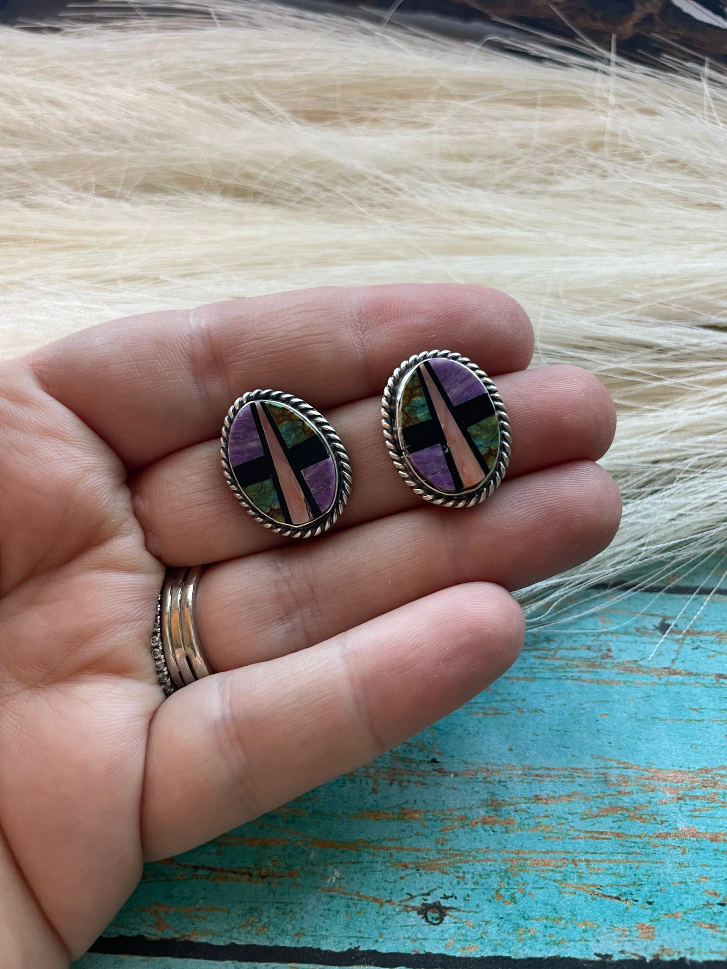 Handcrafted Multi Stone And Sterling Silver Inlay Oval Earrings Signed