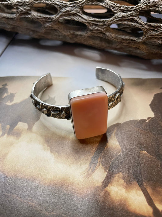 Handcrafted Pink Conch & Sterling Silver Tufa Cast Cuff Bracelet Signed