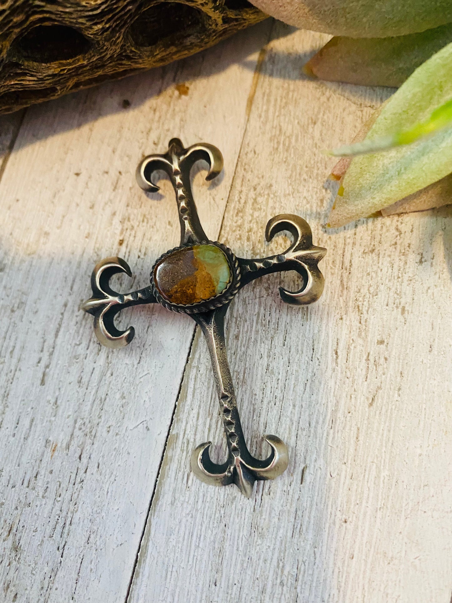 Navajo Sterling Silver & Royston Turquoise Cross Pendant By Martha Cayatineto
