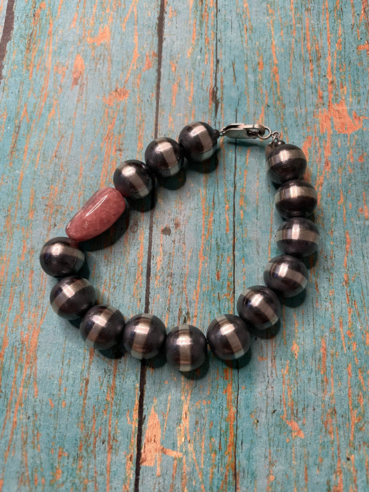 Handcrafted Sterling Silver And Rhodochrosite 12mm Beaded Bracelet