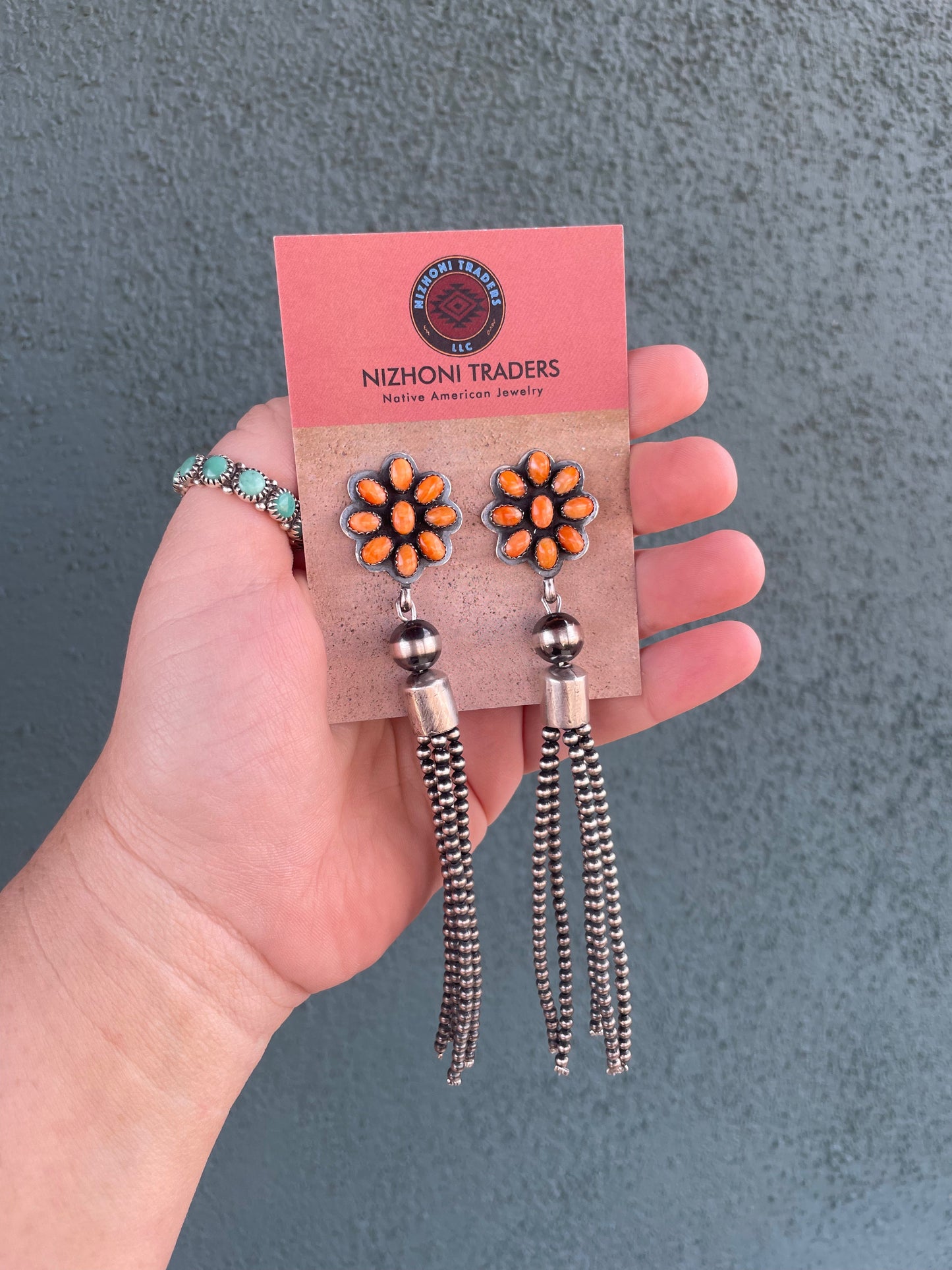 Handcrafted Sterling Silver Tassel Orange Spiny Flower Dangle Earrings Signed