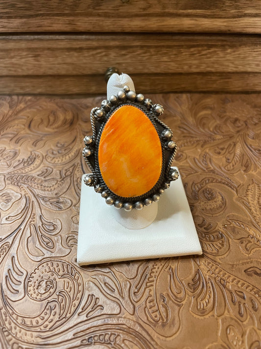 Handcrafted Sterling Silver And Orange Spiny Ring Size 8