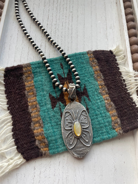 Handcrafted Mother of Pearl & Tufa Cast Butterfly Pendant Signed Wilson Davis
