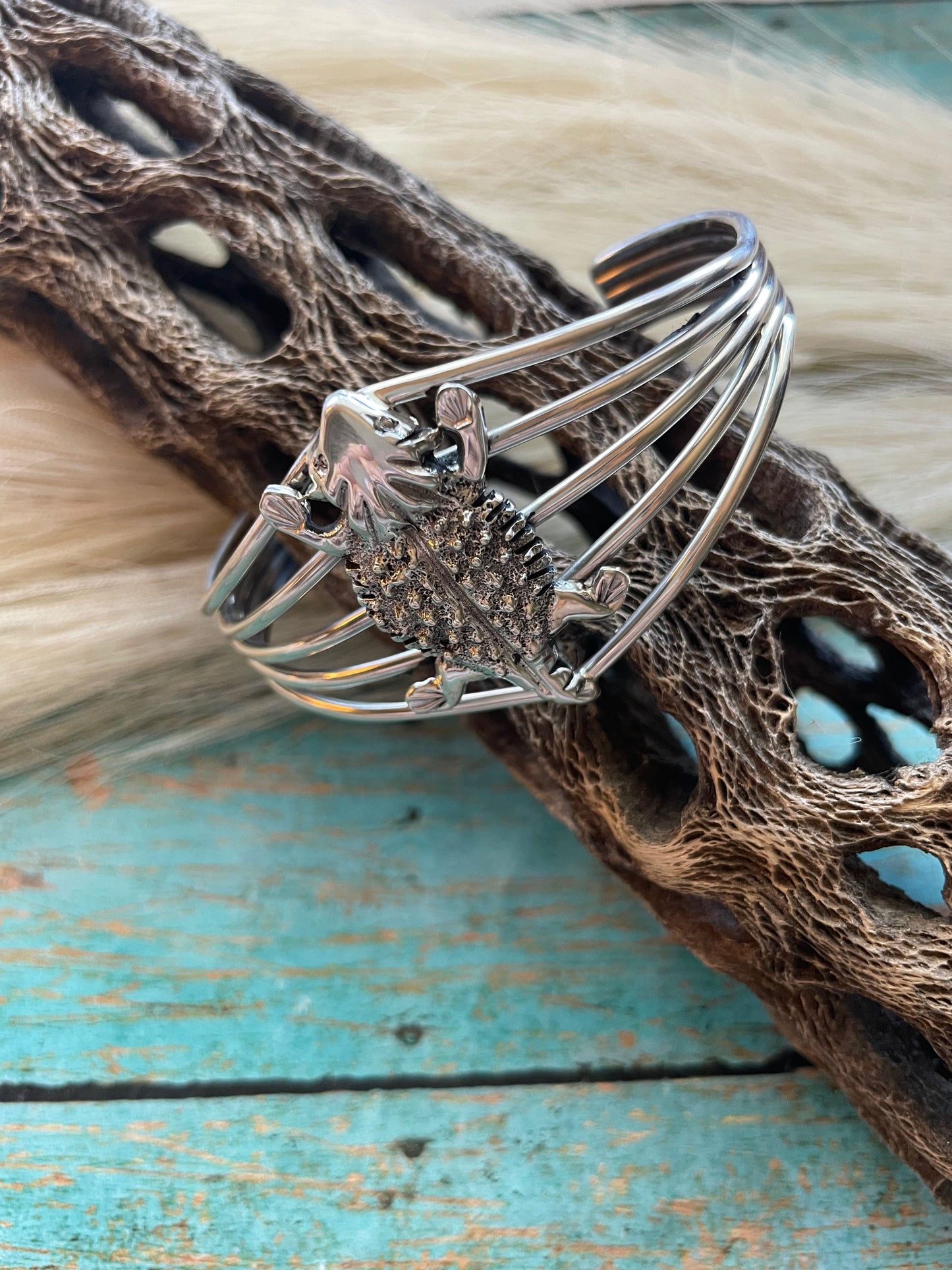 Handcrafted Sterling Silver Horny Toad Cuff Bracelet Signed