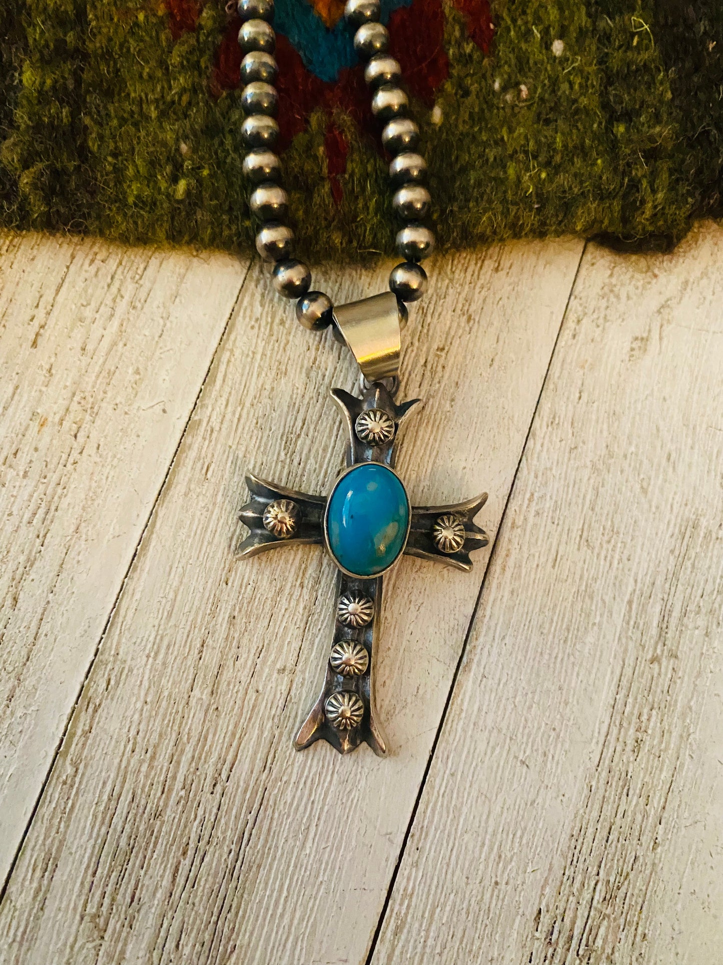 Handcrafted Sterling Silver & Turquoise Cross Pendant By Chimney Butte