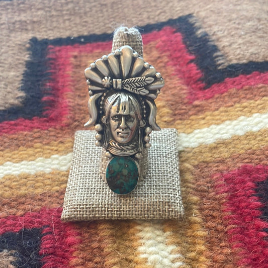 Beautiful Handcrafted Sterling Silver & Turquoise Chief Adjustable Ring Signed Russell Sam