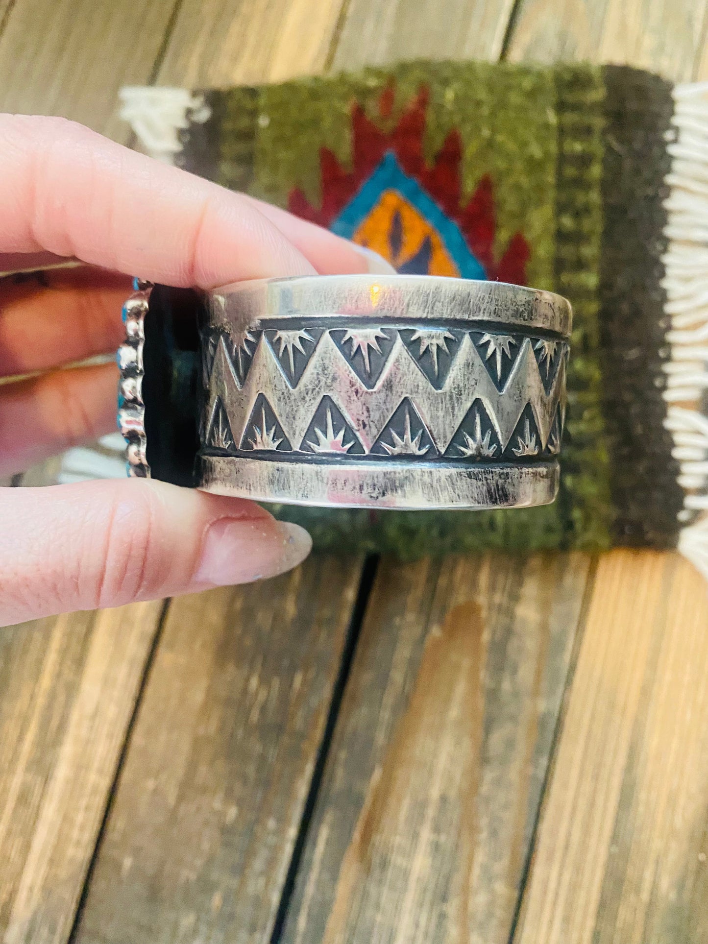 Navajo Kingman Turquoise And Sterling Silver Cluster Cuff Adjustable Bracelet