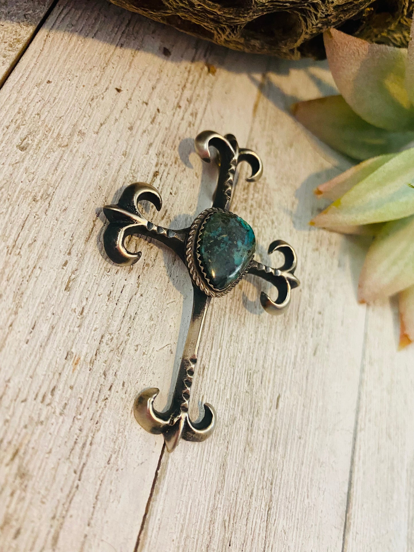 Handcrafted Sterling Silver & Royston Turquoise Cross Pendant By Martha Cayatineto
