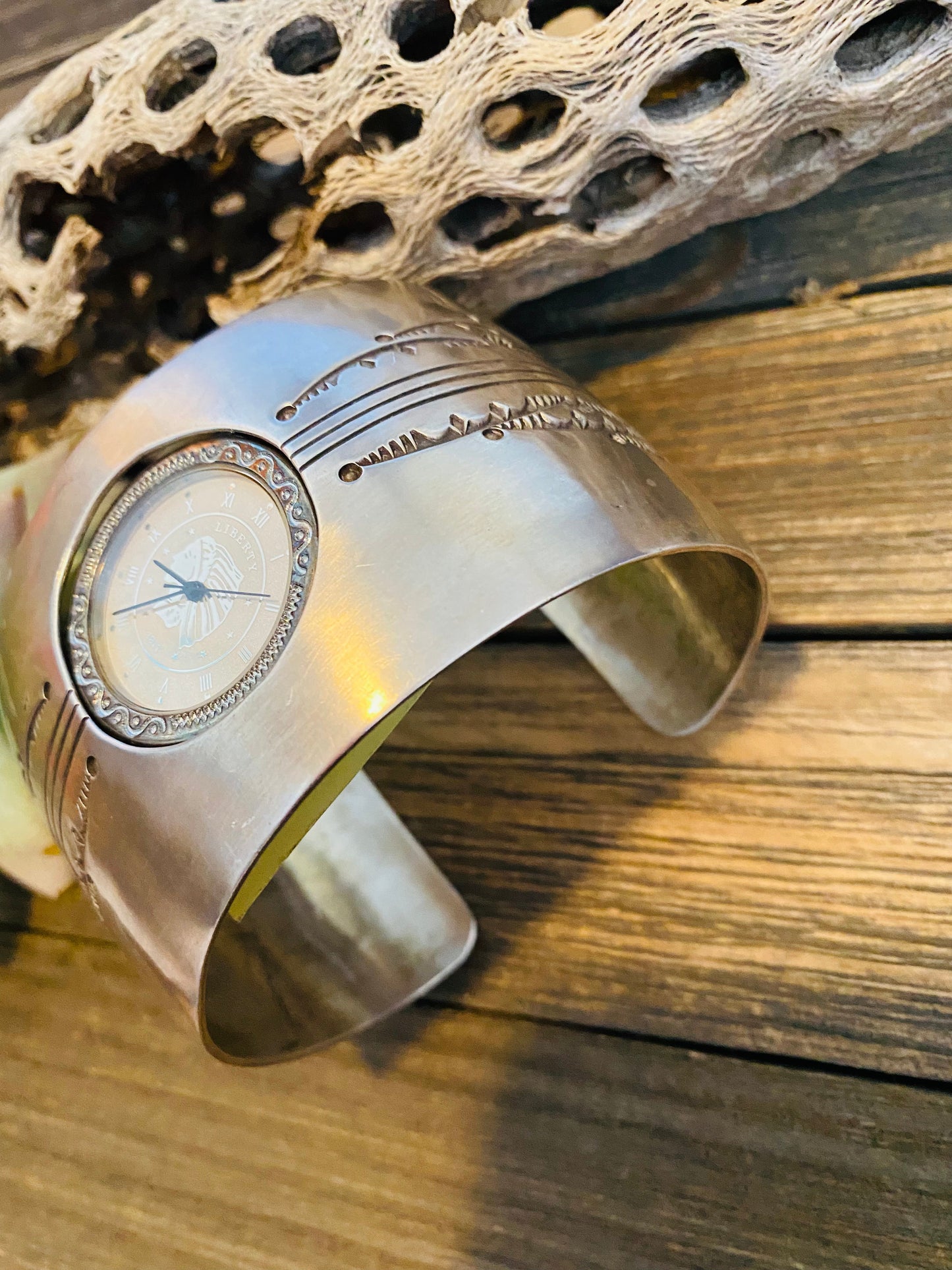 Old Pawn Vintage Navajo Hand Stamped Sterling Silver Watch Cuff