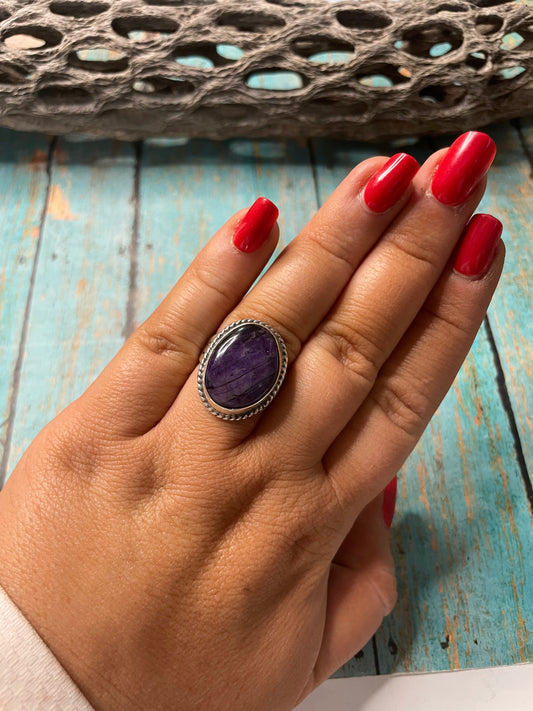 Old Pawn Handcrafted Sterling Silver & Charorite Ring Size 8.5